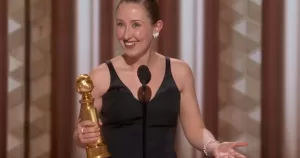 Erin Doherty on stage at the Golden Globes.