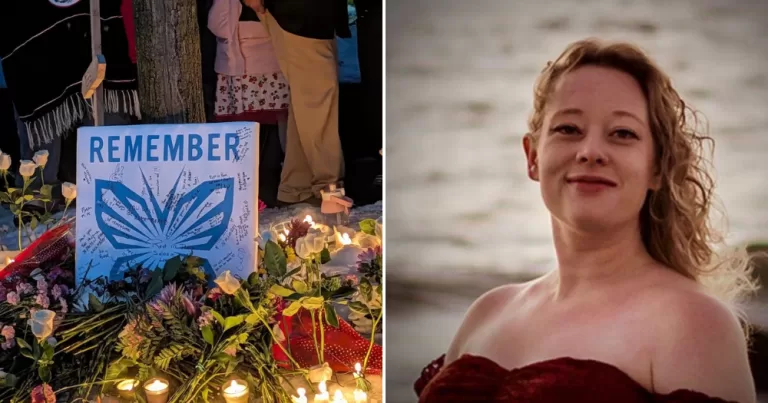 Renee Good pictured on the right to the left is a vigil held in her honour.