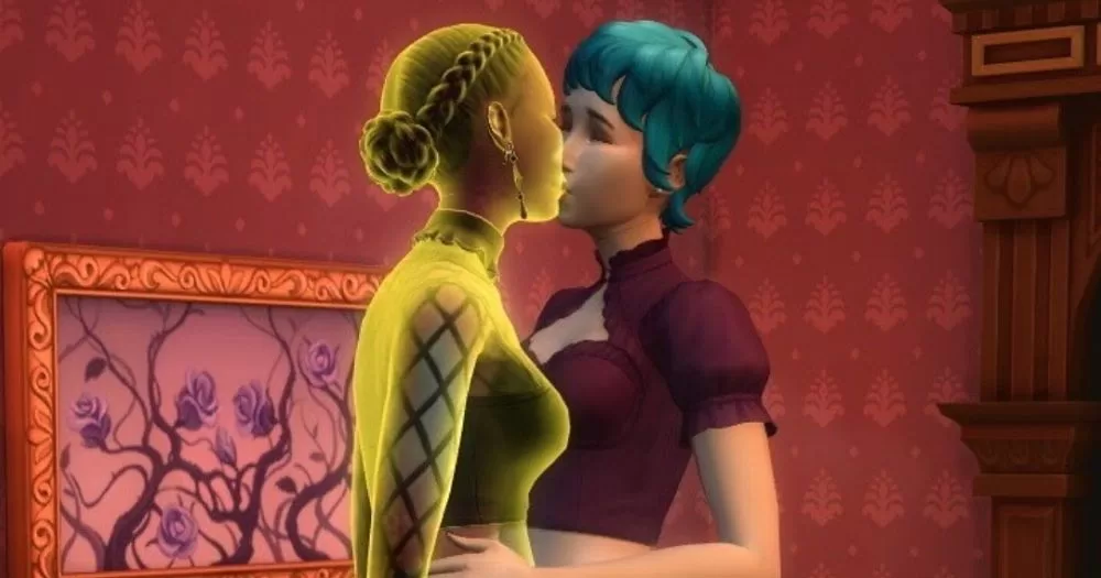 A snapshot of two female-presenting characters kissing in The Sims.