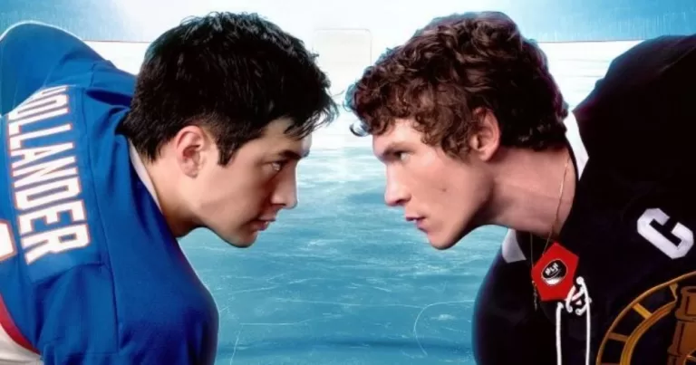 The two protagonists of TV show Heated Rivalry, which is getting a new sequel, looking at each other on the ice in their hockey uniforms.