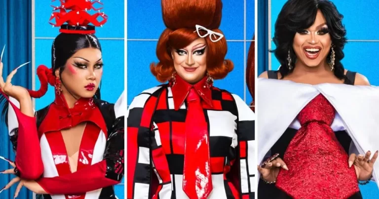 A split screen of three queens from RuPaul's Drag Race UK vs the World.