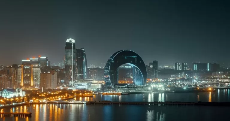 The city of Baku in Azerbaijan at night.