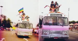 Split screen of the Priscilla, a pink bus that LGBTQ+ activists drove at the first Pride in Rio.