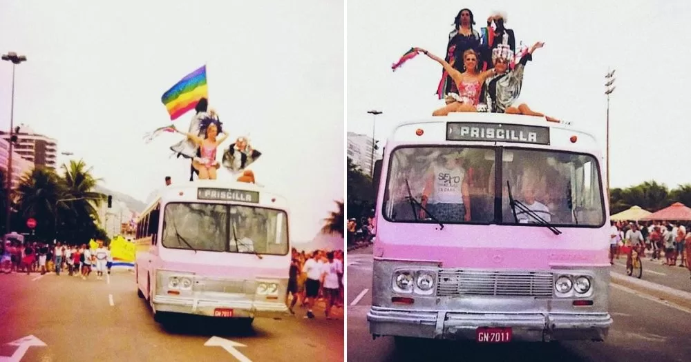Split screen of the Priscilla, a pink bus that LGBTQ+ activists drove at the first Pride in Rio.
