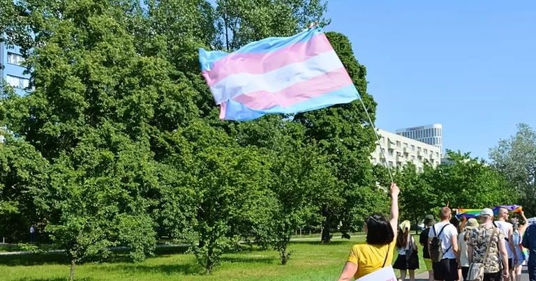 This article is about Rural Trans Alliance. A person holding up a trans flag while marching with a crowd, with trees in the background.