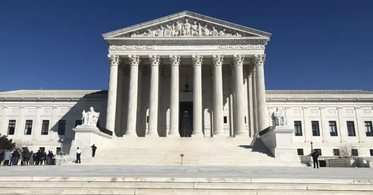 The US Supreme Court, which is about to review trans athlete bans, seen from the front.