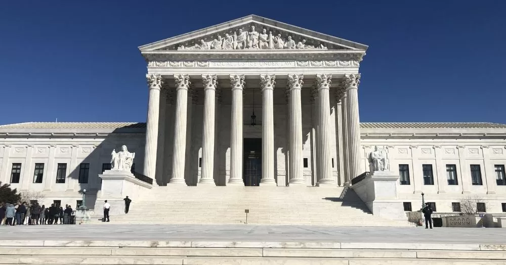 The US Supreme Court, which is about to review trans athlete bans, seen from the front.