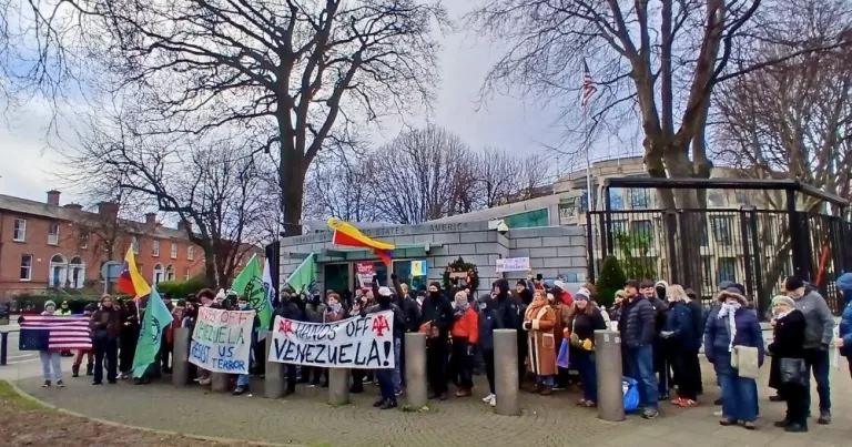People protesting in Dublin against the US assault on Venezuela.