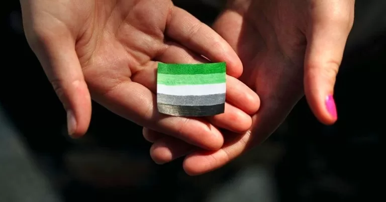 This article is about aromanticism. In the photo, two hands joined together holding a small aromantic flag.