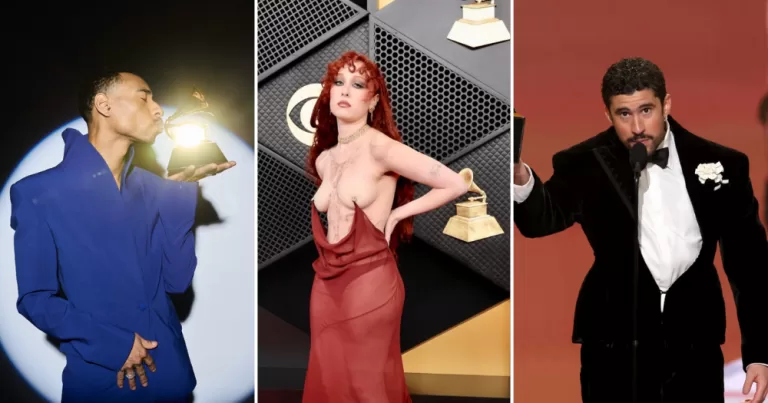 From right to left, Durand Bernarr, Chappell Roan and Bad Bunny The Grammys 2026