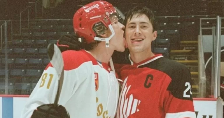 This article is about a letter inspired by Heated Rivalry. In the photo, the two protagonists wearing hockey gear, with one of them kissing the other on the cheek.