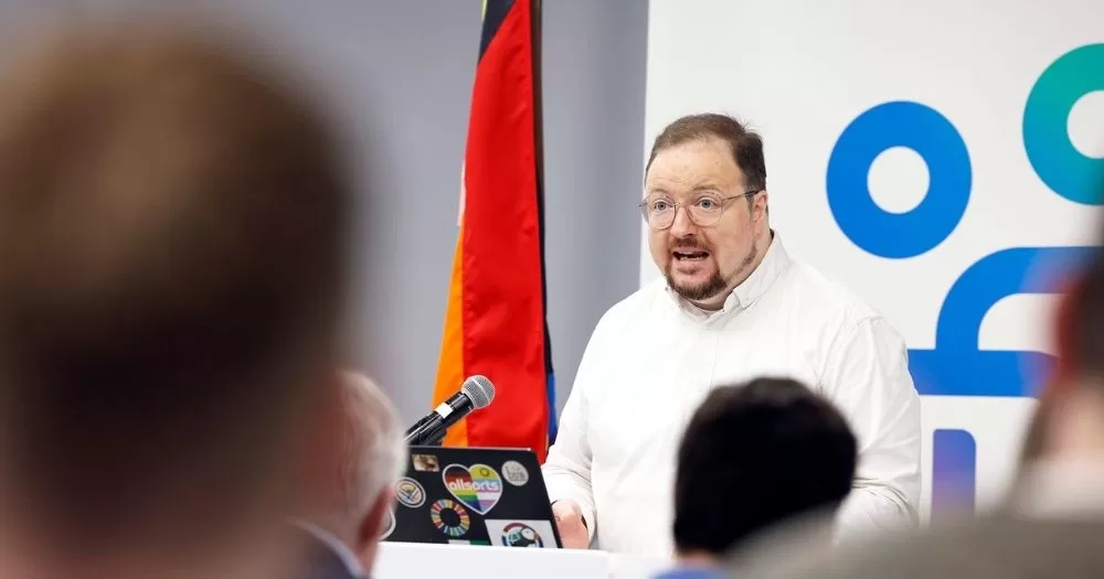 Outhouse CEO Oisín O’Reilly speaking at the launch of the Pride and Poverty report, on the economic situation of LGBTQ+ people in Ireland.