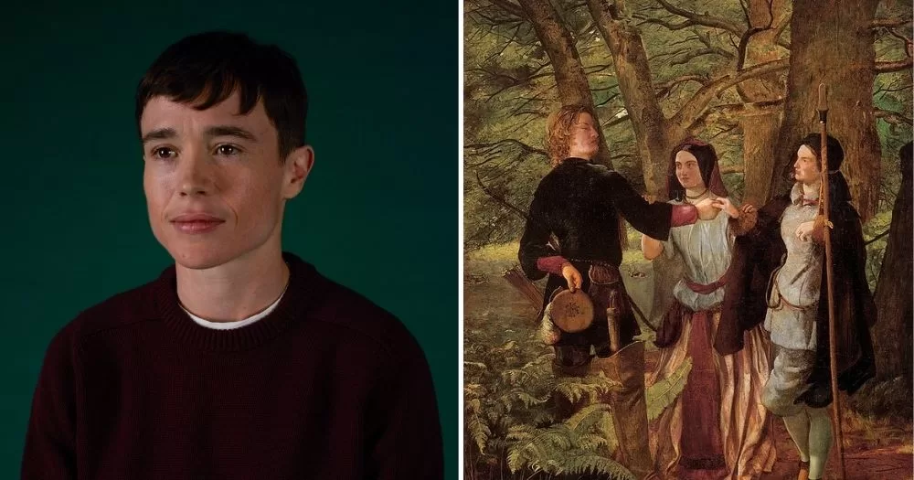 A split image with a portrait of trans actor Elliot Page on the left and an artistic depiction of a scene from Shakespeare's As You Like It.