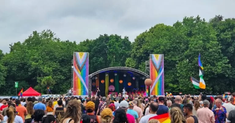 The main stage at Dublin Pride, who have just announced the 2026 festival, with people gathered in the crowd.