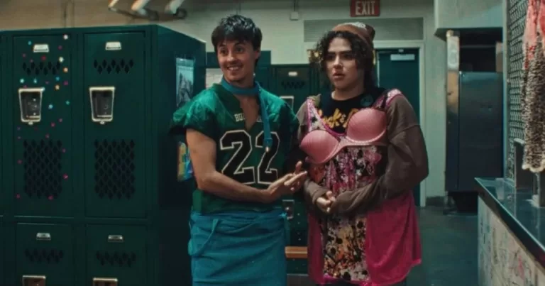 A still from the film She's the He, which is set to premiere at TITE. The image shows two young people, one is wearing a football kersey and the other wears a bra over their clothes.