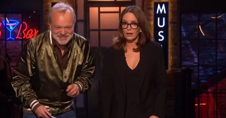 Graham Norton and Tina Fey on stage during SNL UK.