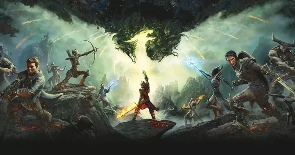 The Inquisitor in Dragon Age Inquisition logo art, an RPG LGBTQ+ romance video game.