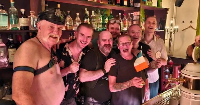 The Leathermen of Ireland gather at a bar.
