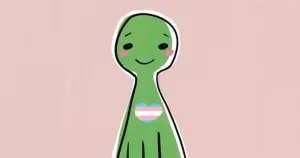 A screengrab from the new video series from TENI. A character has a heart in colours of the trans pride flag.