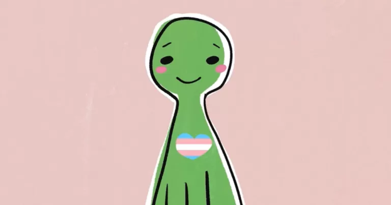 A screengrab from the new video series from TENI. A character has a heart in colours of the trans pride flag.