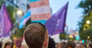 A protest for Trans rights with coincided with No Kings protests.