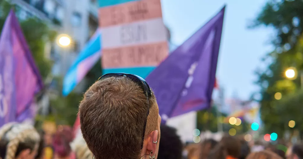 A protest for Trans rights with coincided with No Kings protests.