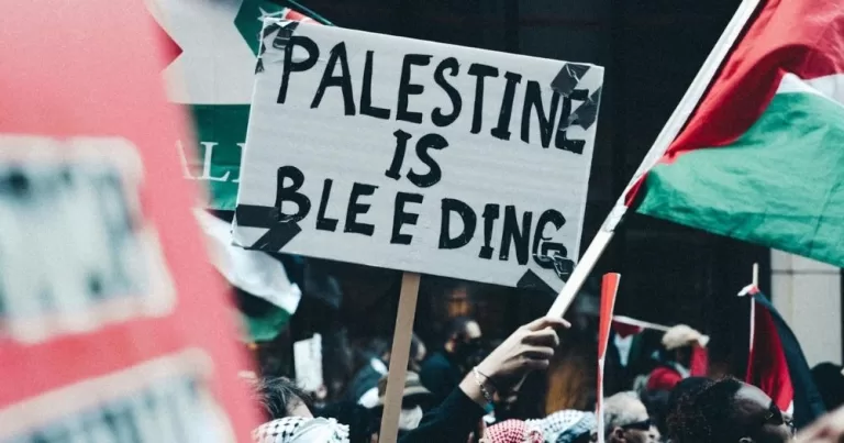 A pro-Palestine protest. A banner reads "Palestine is bleeding". A Palestinian flag flies.