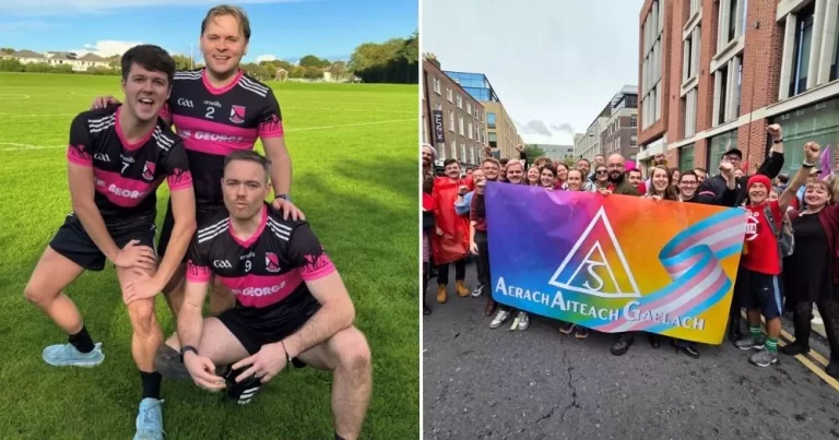 This article is about Seachtain na Gaeilge. In the image, a split screen of three gaelic football player and a group carrying a banner during Pride.