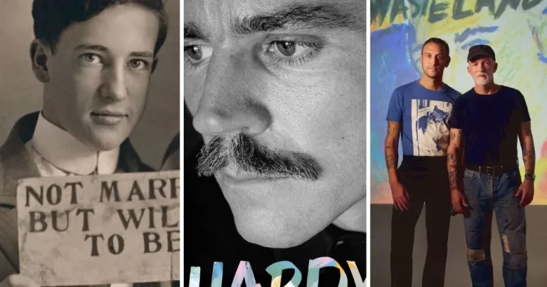 Three images of queer book recommnedations. The first is the cover of Loving II, showing an old photograph of a young man holding a sign that says 'not married but willing to be'. The second is the cover of Don Bachardy, a photo of the man himself. The third is a promotional image of Wasteland creators Jason Haaf and Scooter LaForge on front of a projected image of the book's cover.