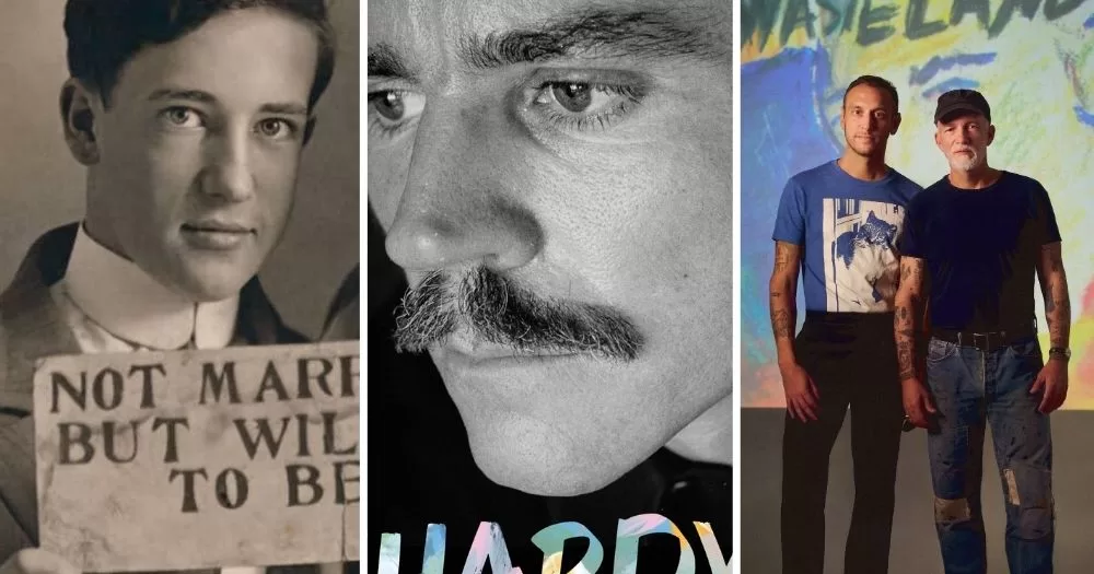 Three images of queer book recommnedations. The first is the cover of Loving II, showing an old photograph of a young man holding a sign that says 'not married but willing to be'. The second is the cover of Don Bachardy, a photo of the man himself. The third is a promotional image of Wasteland creators Jason Haaf and Scooter LaForge on front of a projected image of the book's cover.