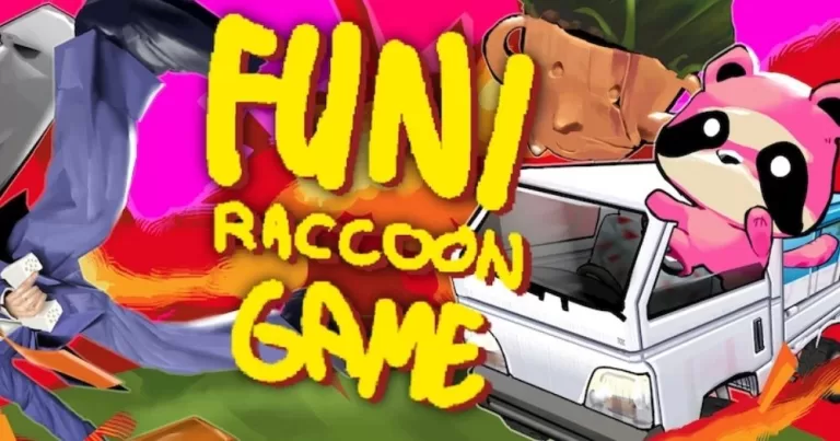 Poster of the Funi Raccoon Game showing a pink raccoon driving a car that is on fire.