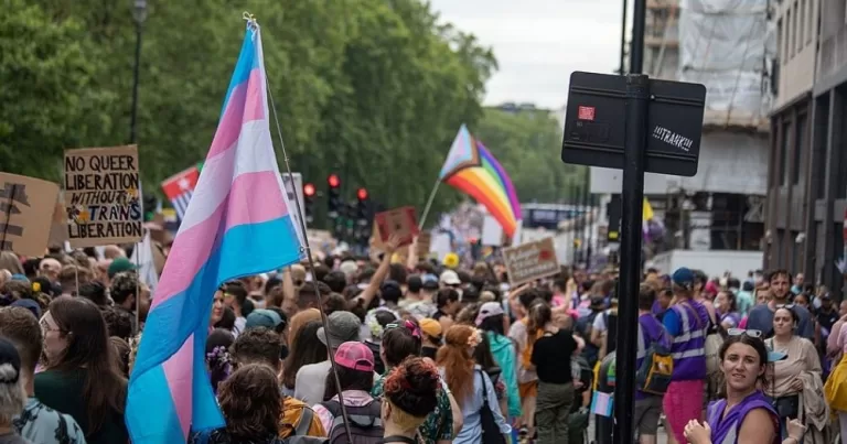This article is about transphobia in UK media. In the article, people marching in the streets carrying trans and Pride flags.