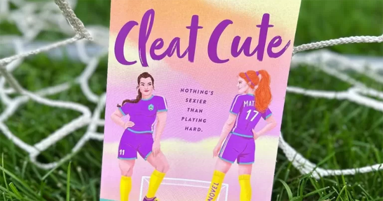 A close up of the Cleat Cute book cover, with a goal net and green grass in the background.