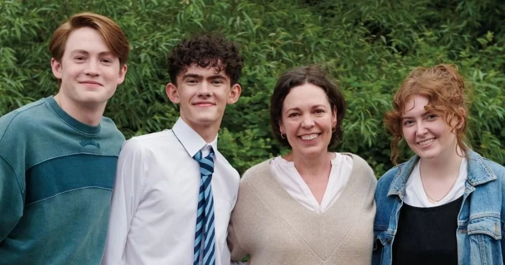 Olivia Colman stands together with her Heartstopper co-stars Kit Connor and Joe Locke and the show's creator Alice Oseman.