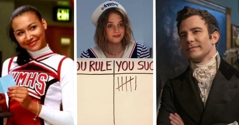 LGBTQ+ characters with pivotal coming out scenes in TV from right to left: Santana Lopez, Robin Buckley, Benedict Bridgerton.