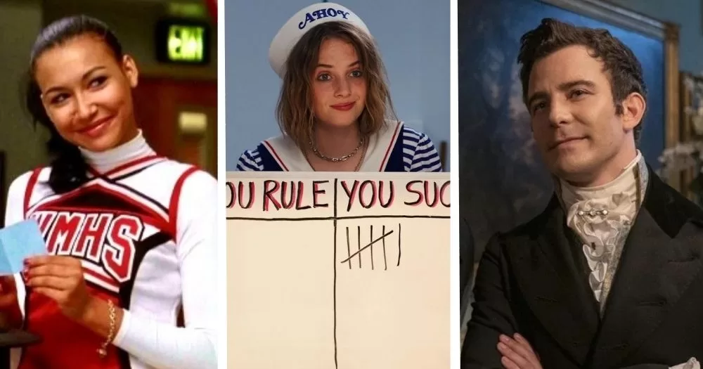 LGBTQ+ characters with pivotal coming out scenes in TV from right to left: Santana Lopez, Robin Buckley, Benedict Bridgerton.