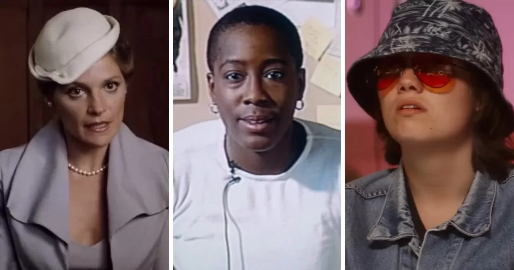 Split screen of three films that feature a lesbian storyline. Left is from Desert Hearts, middle is from The Watermelon Woman, and right is from Sweetheart.