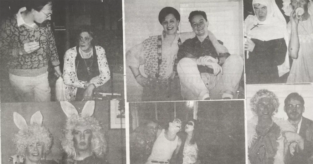 A newspaper cutout of photographs from Flikkers gay disco.