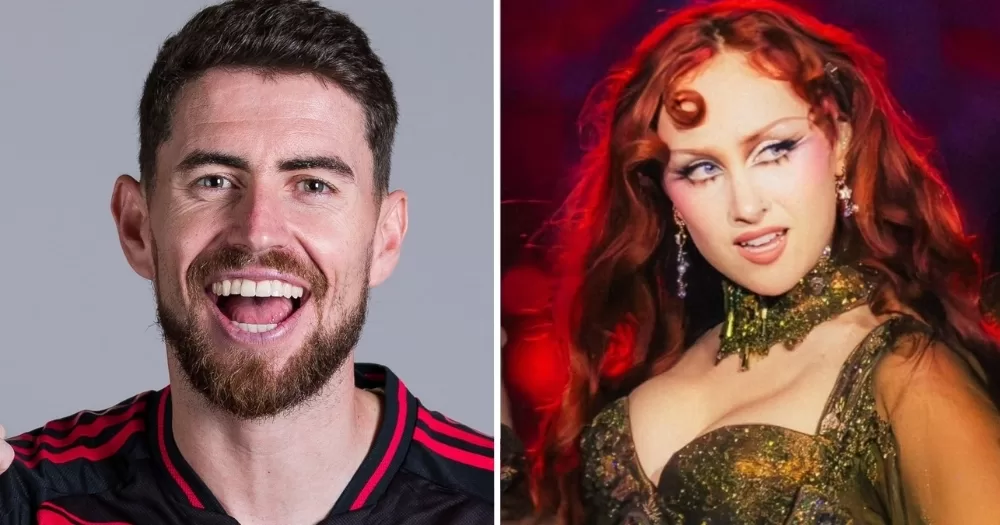 Split screen with photos of football player Jorginho and Chappell Roan.