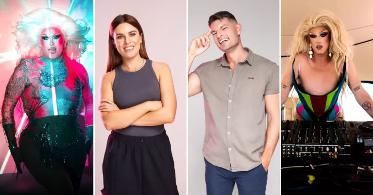 Split screen of new acts announced for Mother Pride Opening Party, including Naomi Diamond, Pixie Woo, Marty Guilfoyle, and Jen Payne.