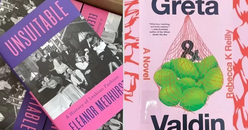 This split-screen image shows two of the queer books from this summer recommendations listicle. On the left is Unsuitable, with a pink and purple cover and a black-and-white image of lesbians in history front and centre. On the right is the book Greta and Valdin, with a pink cover and a bag of limes in the middle.