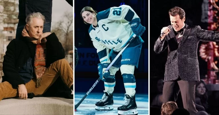 A triptych with some of TIME's 2026 influential LGBTQ+ people, with an image of Alan Cumming on the left, Hilary Knight posing in her hockey kit on the rink in the middle, and Johnathan Groff during a performance of Just in Time on the right.