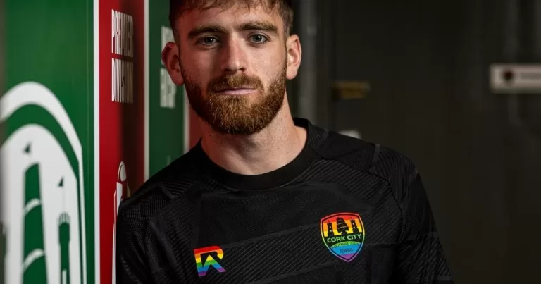 Conor Drinan of Cork City FC wearing their 2026 Pride jersey. Cork City FC leaves X after anti-LGBTQ+ backlash.