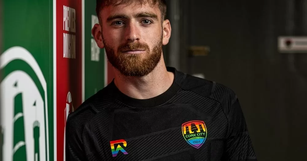 Conor Drinan of Cork City FC wearing their 2026 Pride jersey. Cork City FC leaves X after anti-LGBTQ+ backlash.