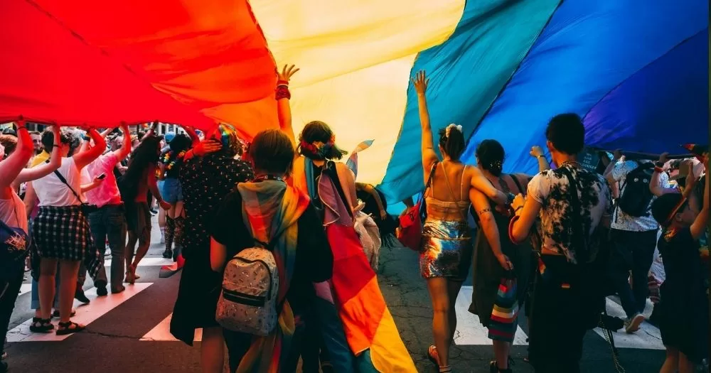 This article is about a youth study. A crowd of people are marching down a street while flying a giant pride flag above their heads