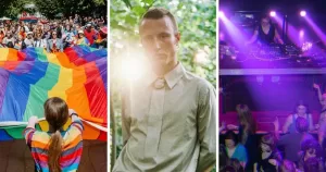 Split screen of three queer events happening in May. Left is Mayo Pride, middle is from Cruising Archaeology II: Eurotrash and right is from King.