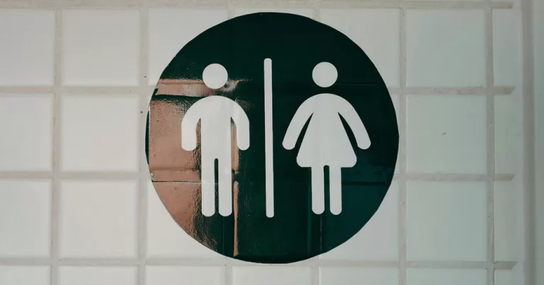 A sign for single-sex spaces, with a stereotypical male figure on the left and a stereotypical female figure on the right.