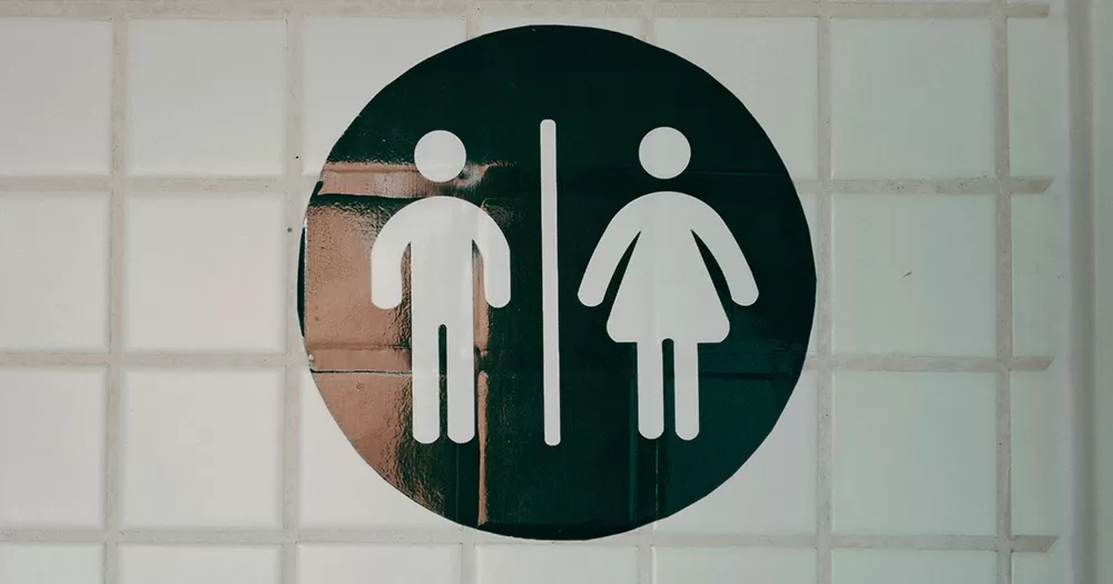 A sign for single-sex spaces, with a stereotypical male figure on the left and a stereotypical female figure on the right.