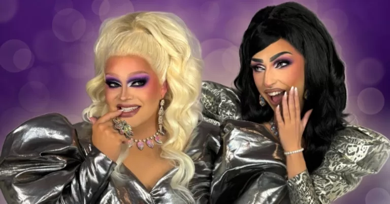 Drag performers The Misses, who hosted the GCN team on their podcast, posing for a photo in full drag with a purple background.