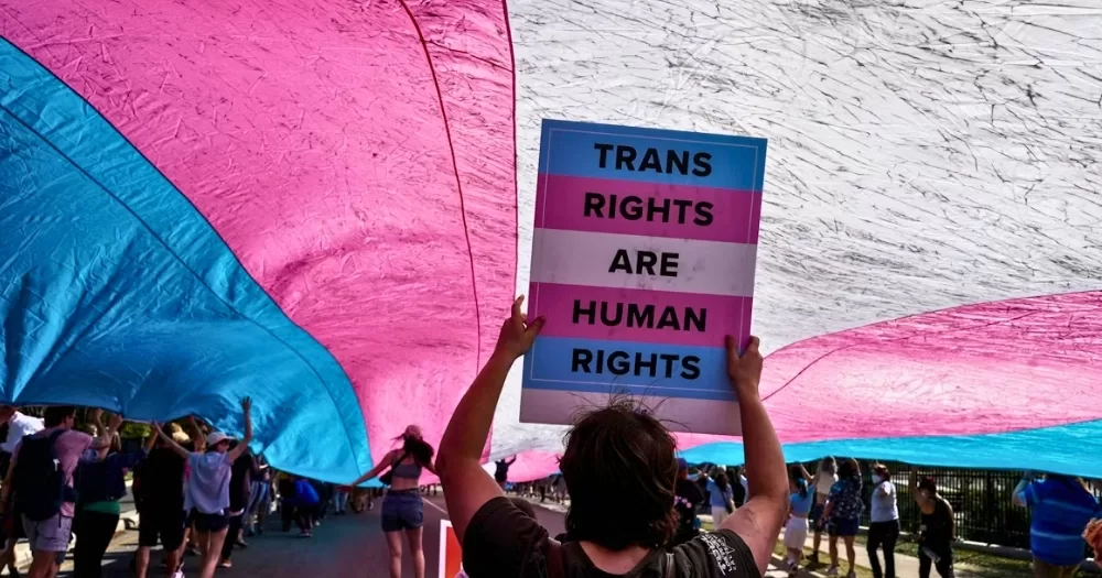 This is article is about Ireland's score in the Trans Rights Index. In the photo, a person holding up a sign that reads "Trans rights are human rights" while marching under a huge trans flag.